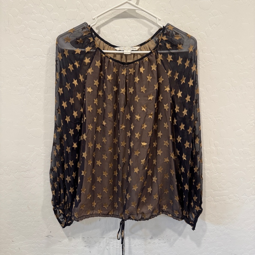 Diane Von Furstenberg Gold Star Print Mariner Blouse Women Small Silk Whimsigoth